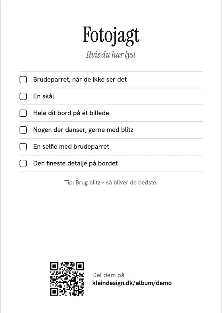 QR-kortets bagside med fotojagtens opgaver